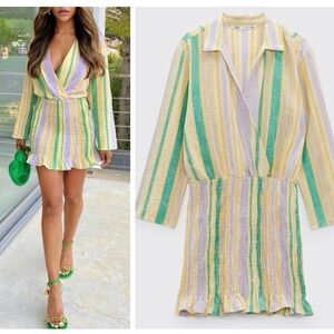 ZARA wrap look v-neck ruffled and smocked striped dress